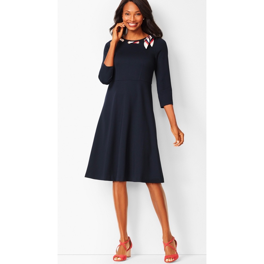 Talbots‎ Navy Blue Fit and Flare Dress 3/4 Sleeve Nautical Grommet Neckline 8